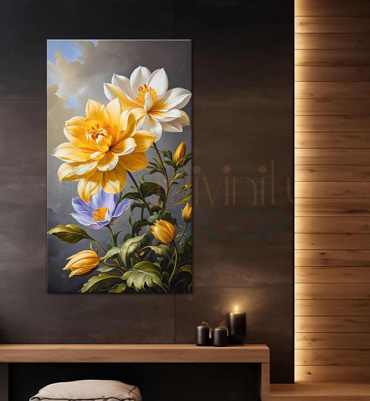 Yellow flowers in grey textured background painting- Flower-V-245