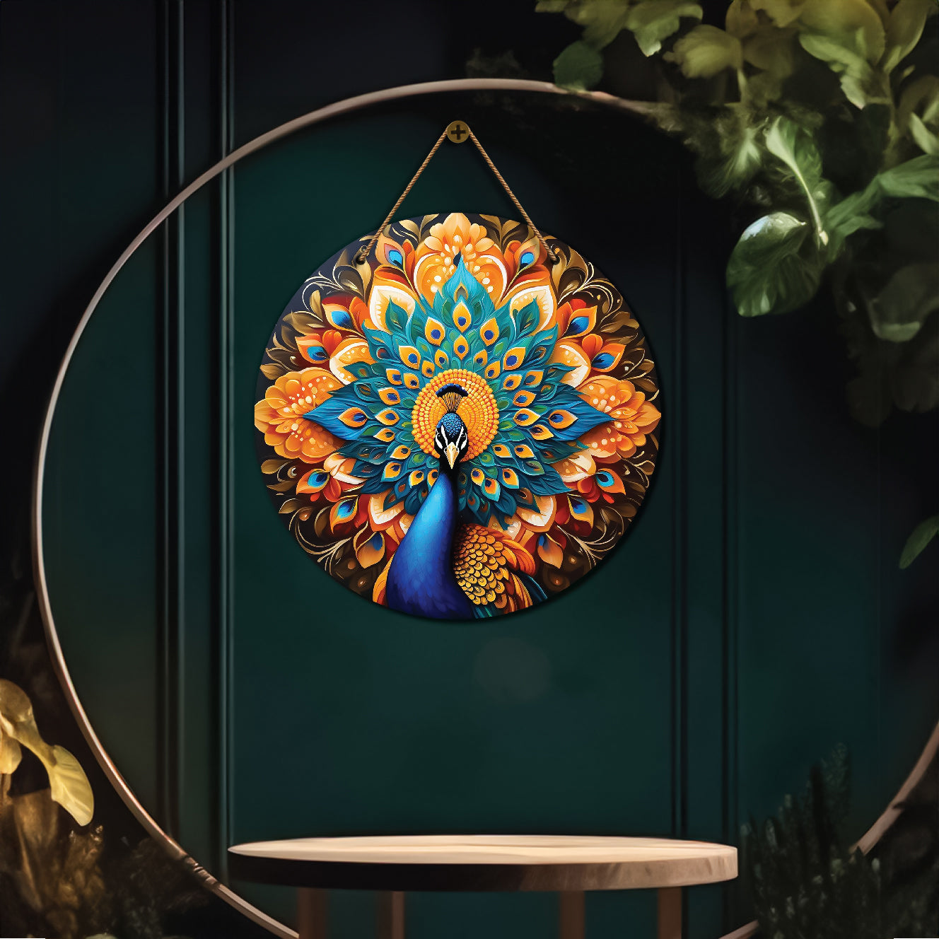 Peacock in green and golden mandala Round Wooden Wall Hanging for wall Décor - Design - 245