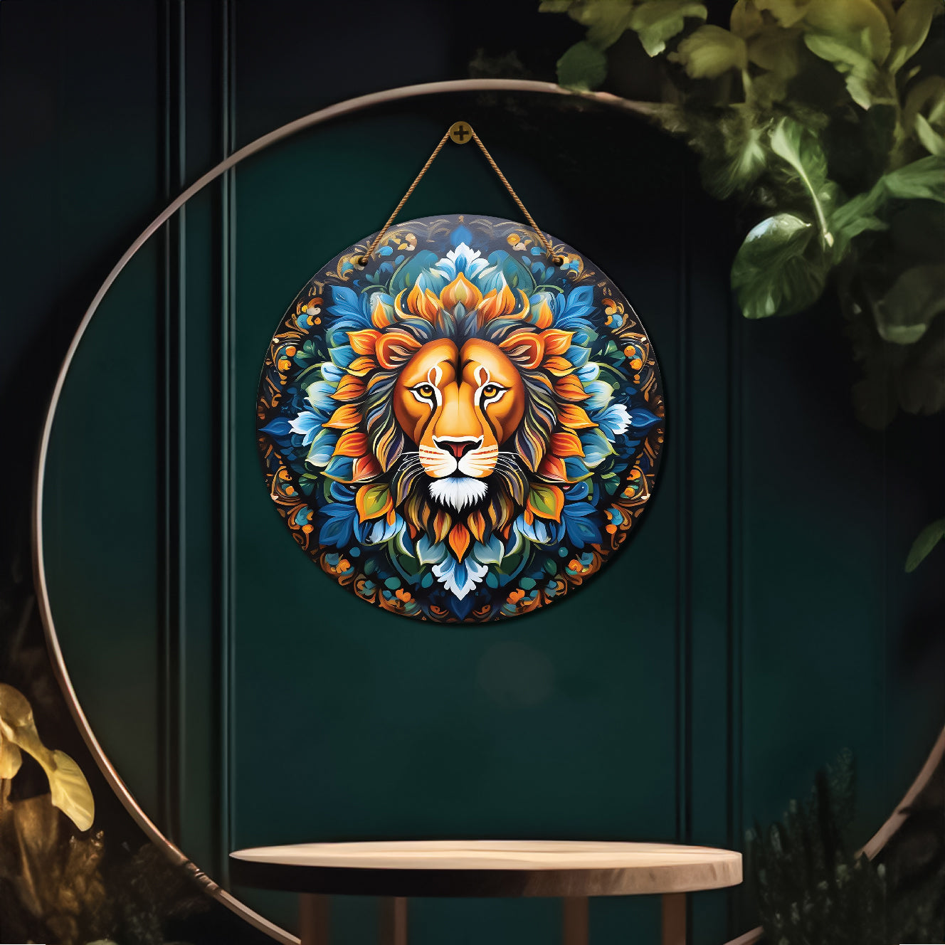Lion in blue and yellow mandala Round Wooden Wall Hanging for wall Décor - Design - 246