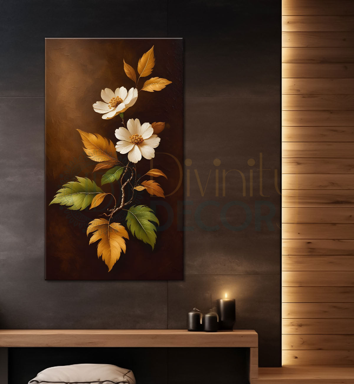 White flowers in brown textured painting- Flower-V-246