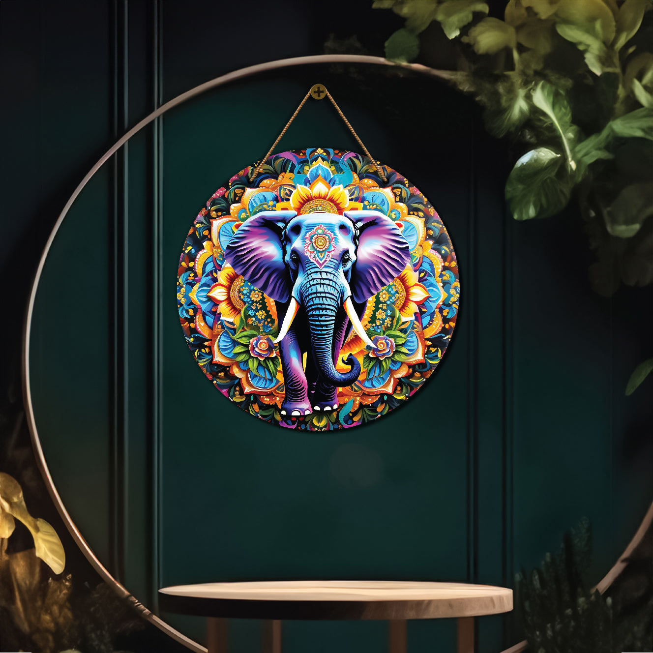 Elephant in blue and purple mandala Round Wooden Wall Hanging for wall Décor - Design - 247