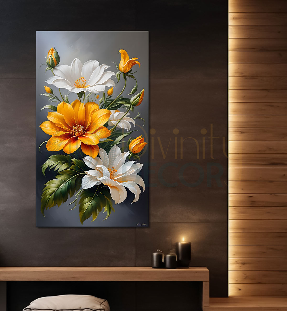 White and orange flowers in grey textured painting- Flower-V-247