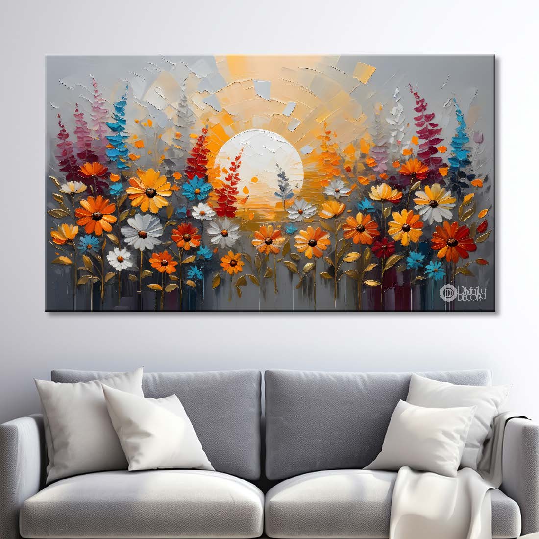 Colorful flowers with sunrise textured painting- Design - Flower-248