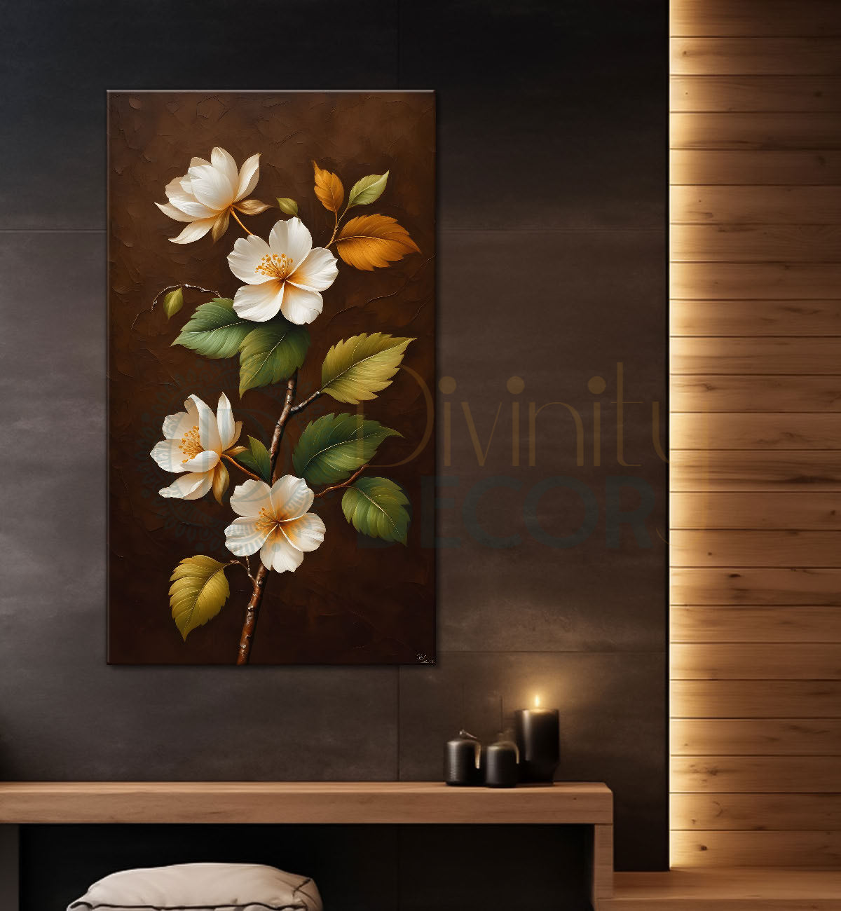 White flowers in brown textured painting- Flower-V-248