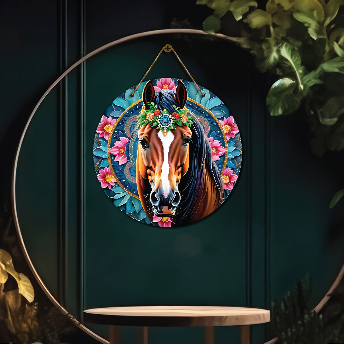 Horse in blue and purple mandala Round Wooden Wall Hanging for wall Décor - Design - 248