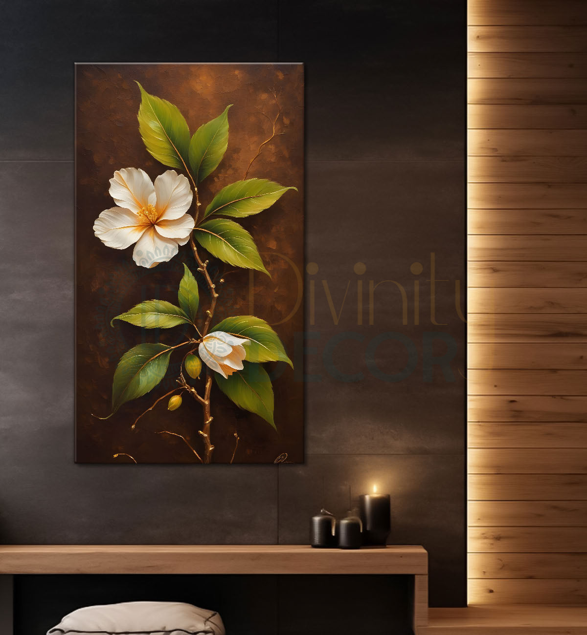 White flowers in brown textured painting- Flower-V-249