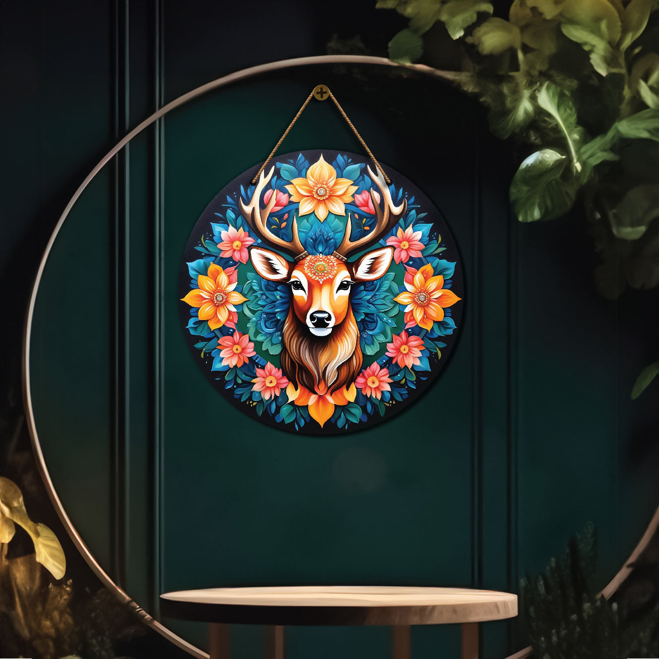 Deer in blue and orange mandala Round Wooden Wall Hanging for wall Décor - Design - 249