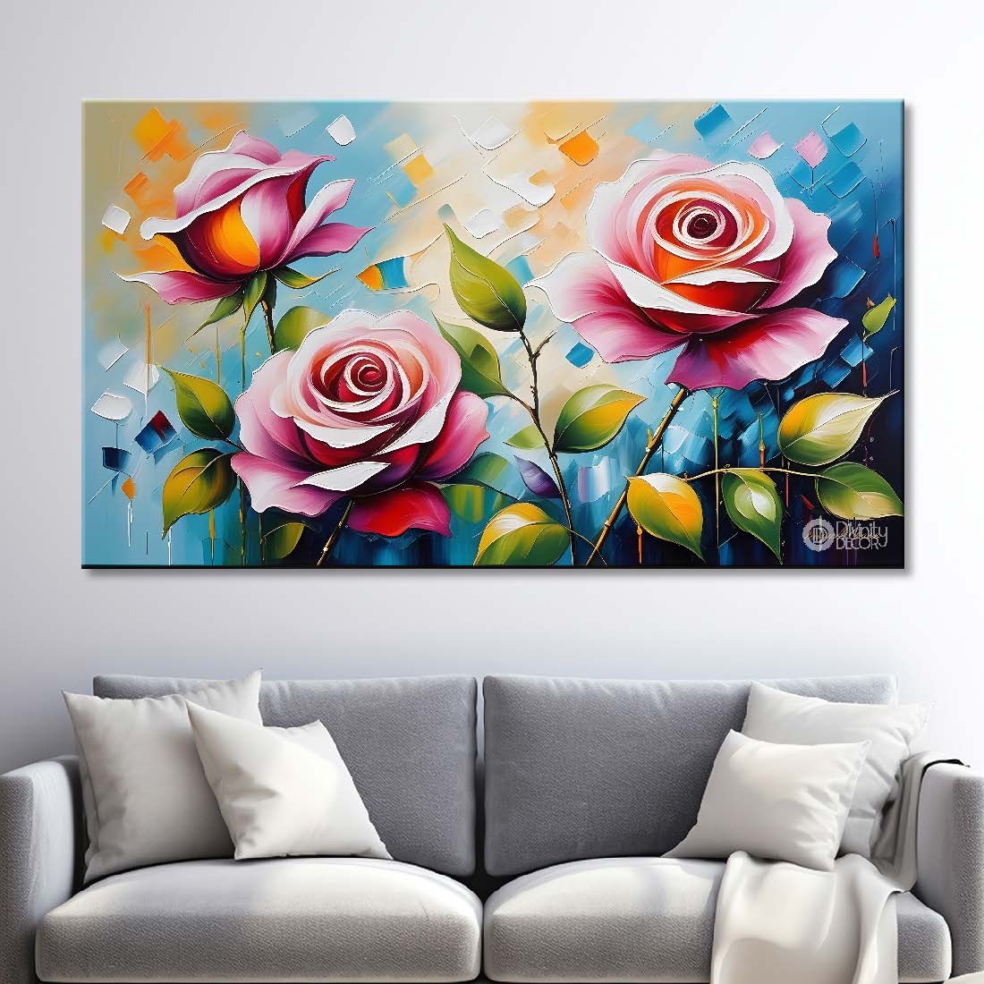 Pink roses with blue textured background painting- Design - Flower-250