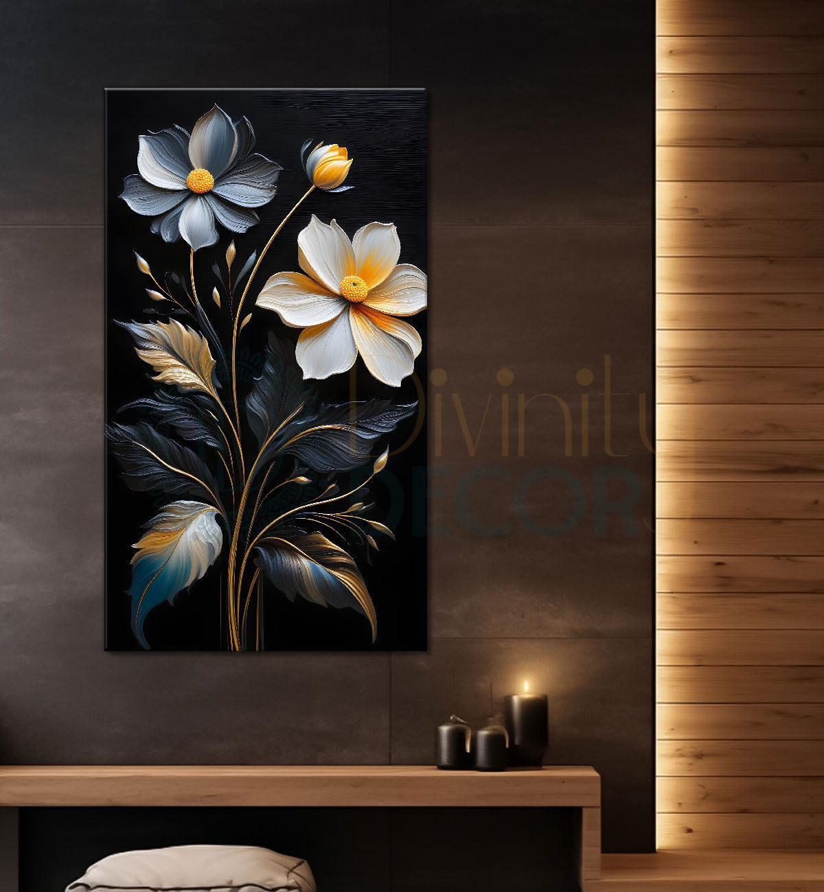 White and blue flowers in black textured painting- Flower-V-250