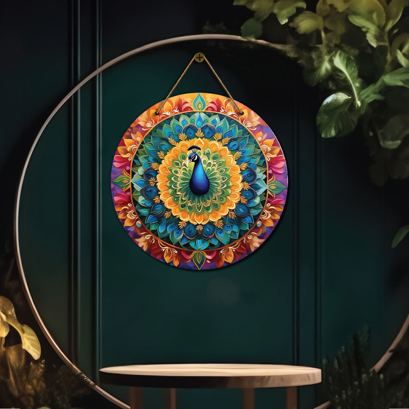 Peacock in green and purple mandala Round Wooden Wall Hanging for wall Décor - Design - 250