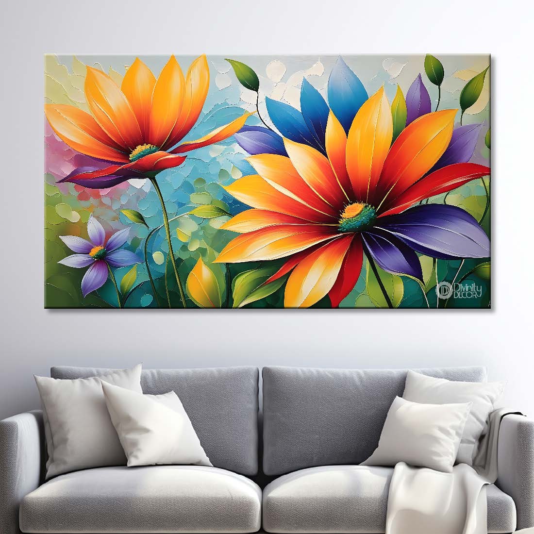 Orange flowers in blue background- Design - Flower-251