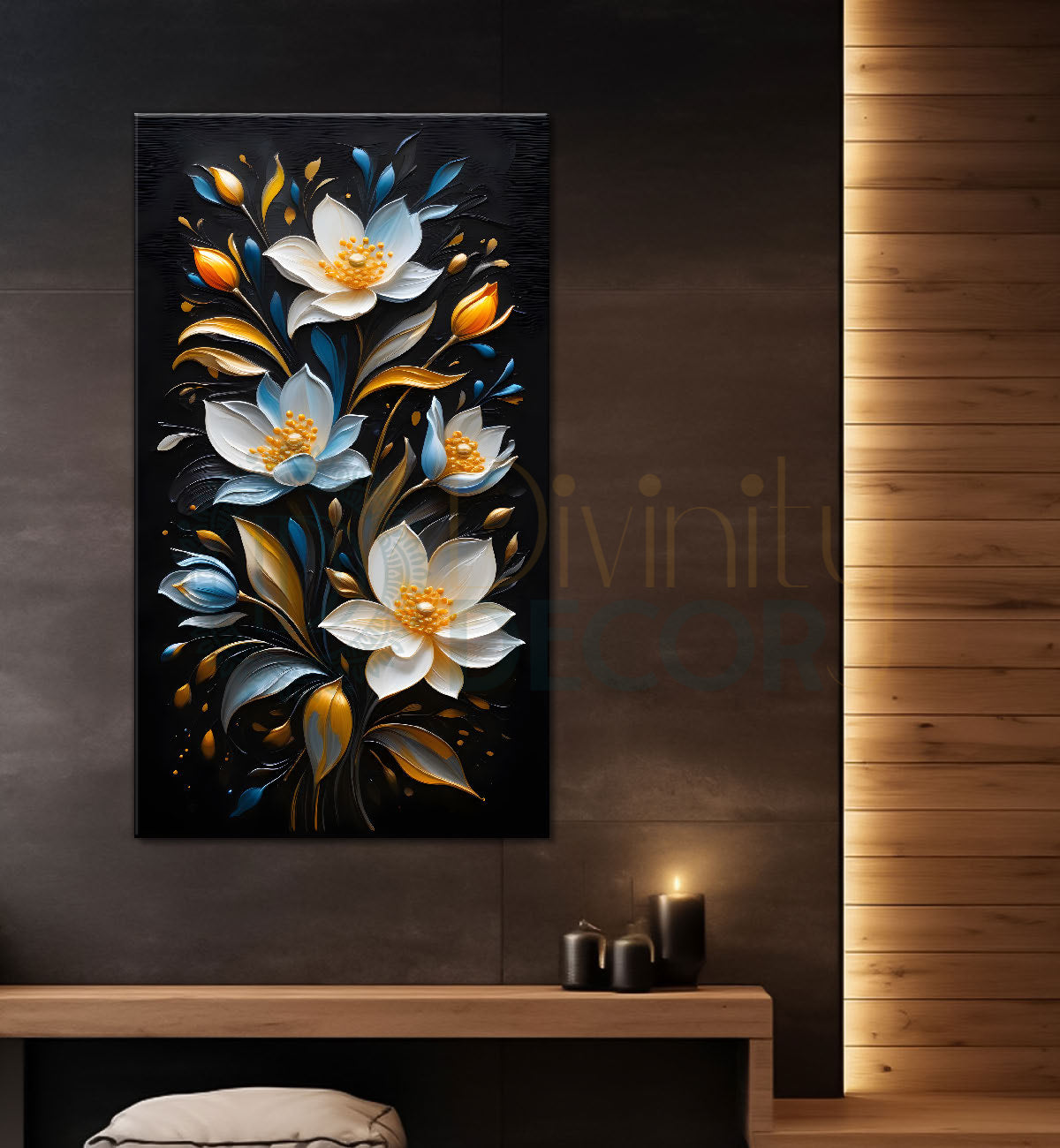 White and blue flowers in black textured painting- Flower-V-251