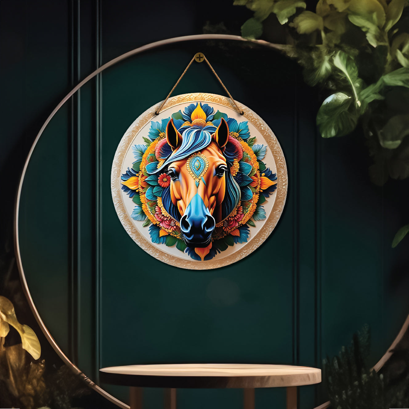 Horse in green and orange mandala Round Wooden Wall Hanging for wall Décor - Design - 251