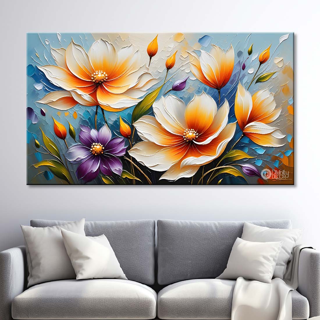 White flowers in blue background- Design - Flower-252