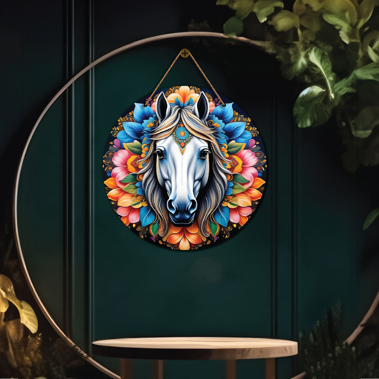 Horse in blue and orange mandala Round Wooden Wall Hanging for wall Décor - Design - 252