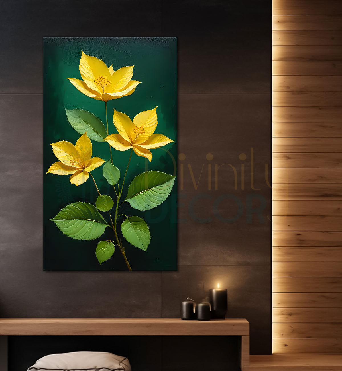 Yellow flowers with green textured painting- Flower-V-252