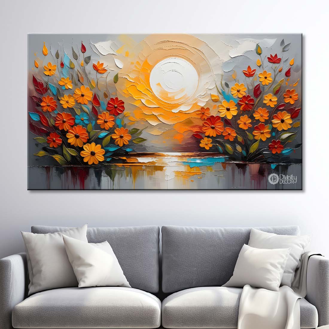 Colorful flowers with the lake and sun background painting - Flower-253