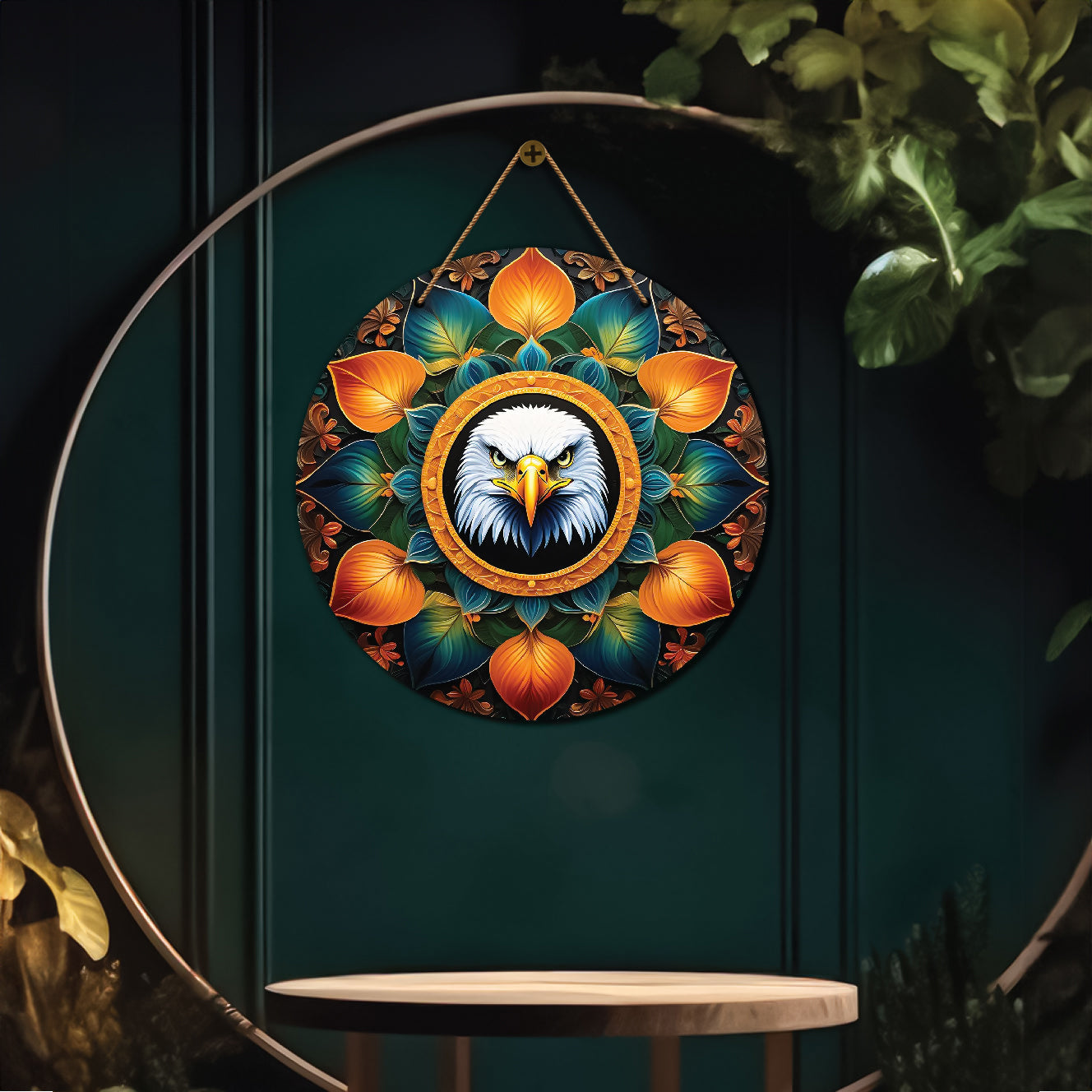 Eagle in green and yellow mandala Round Wooden Wall Hanging for wall Décor - Design - 253