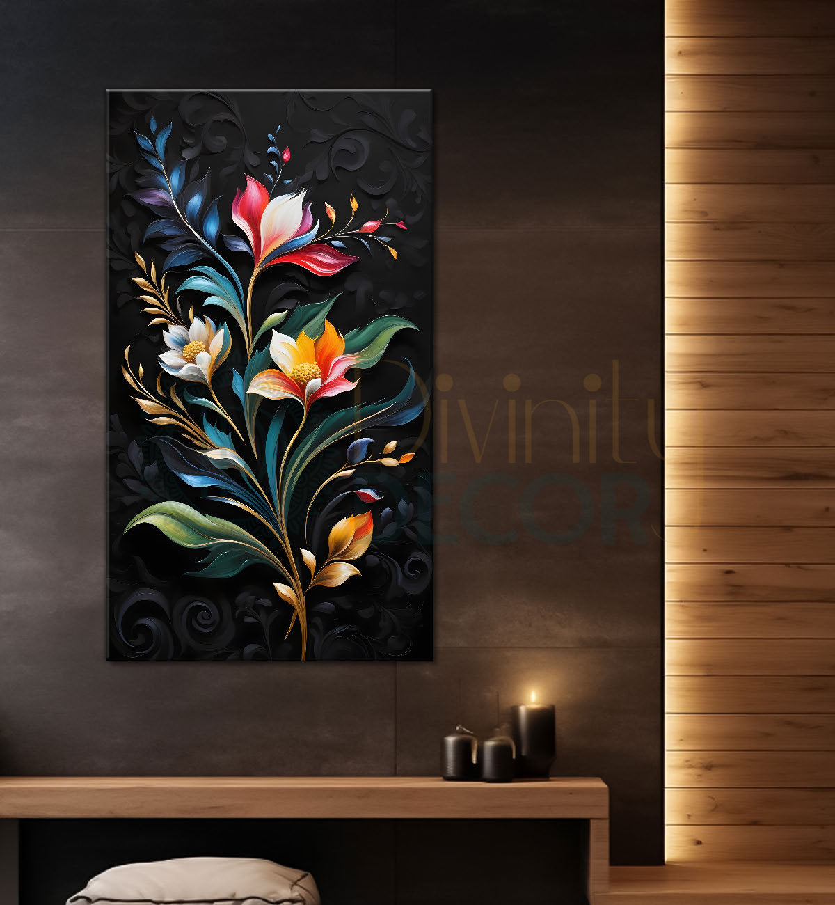 Colourful flowers in dark textured painting- Flower-V-253