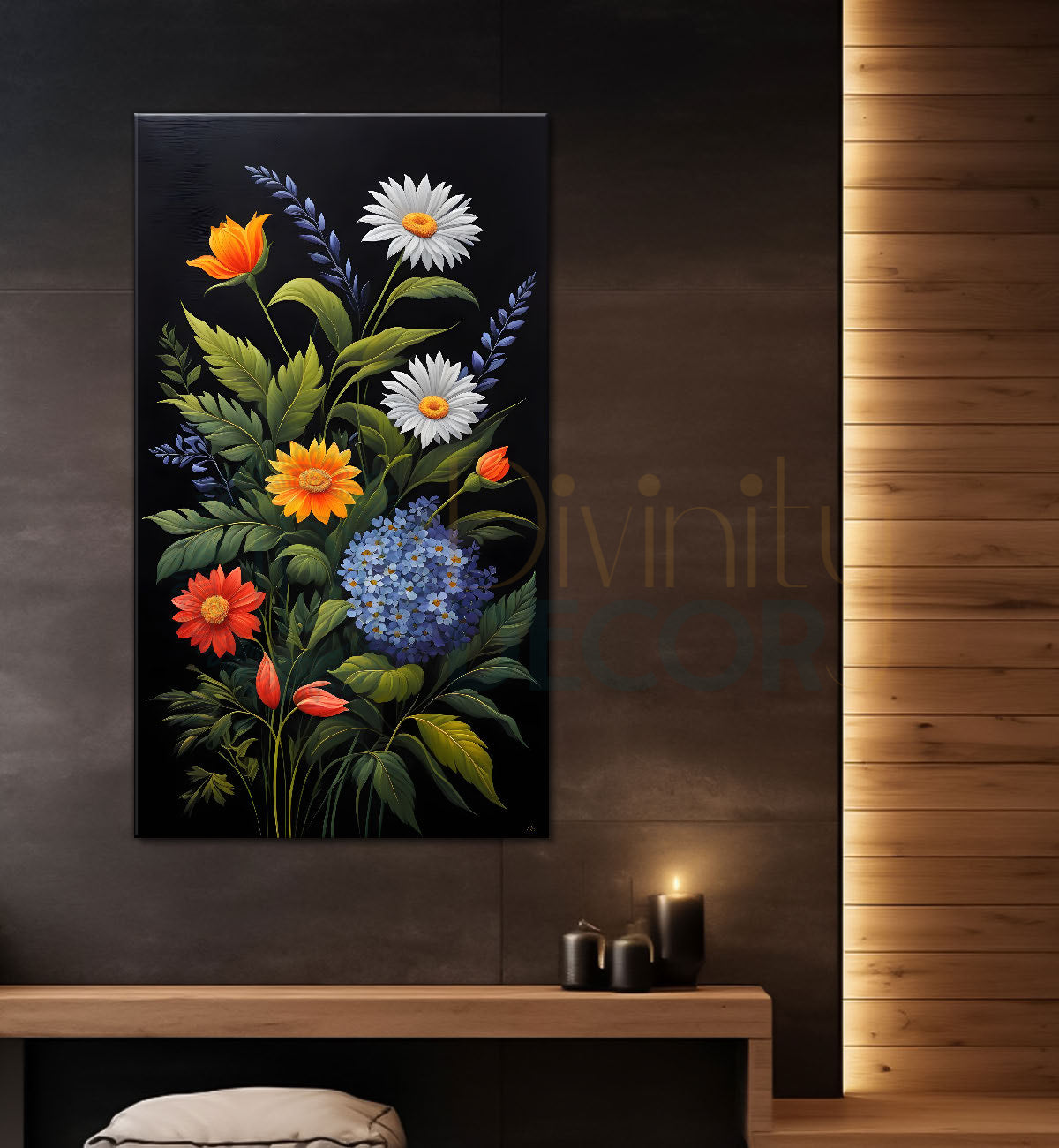 Colourful flowers in dark textured painting- Flower-V-254