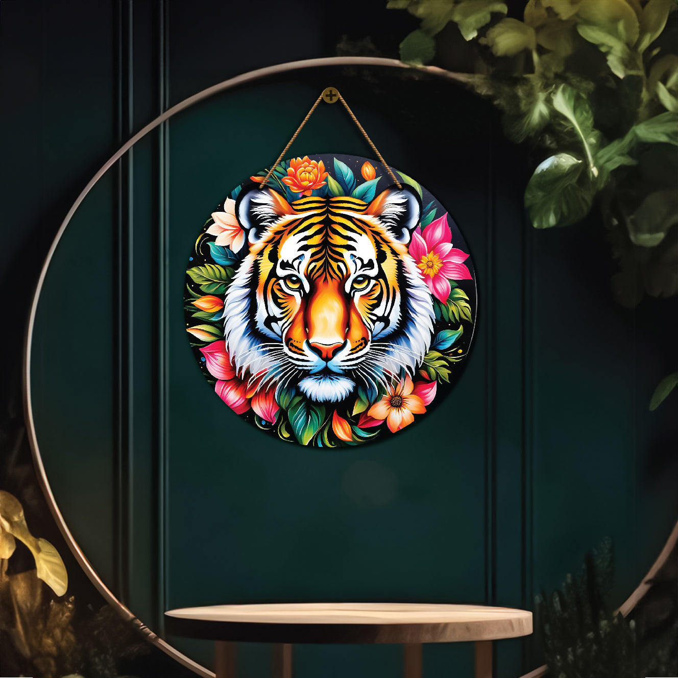 Tiger in green and pink mandala Round Wooden Wall Hanging for wall Décor - Design - 254