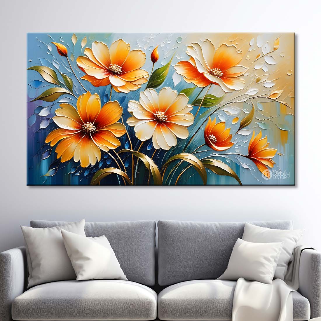 Orange flowers in the blue background painting - Flower-255