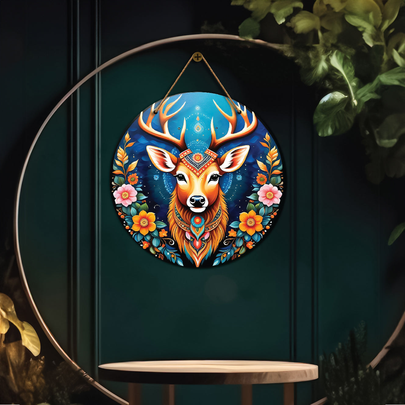 Deer in blue and floral mandala Round Wooden Wall Hanging for wall Décor - Design - 255