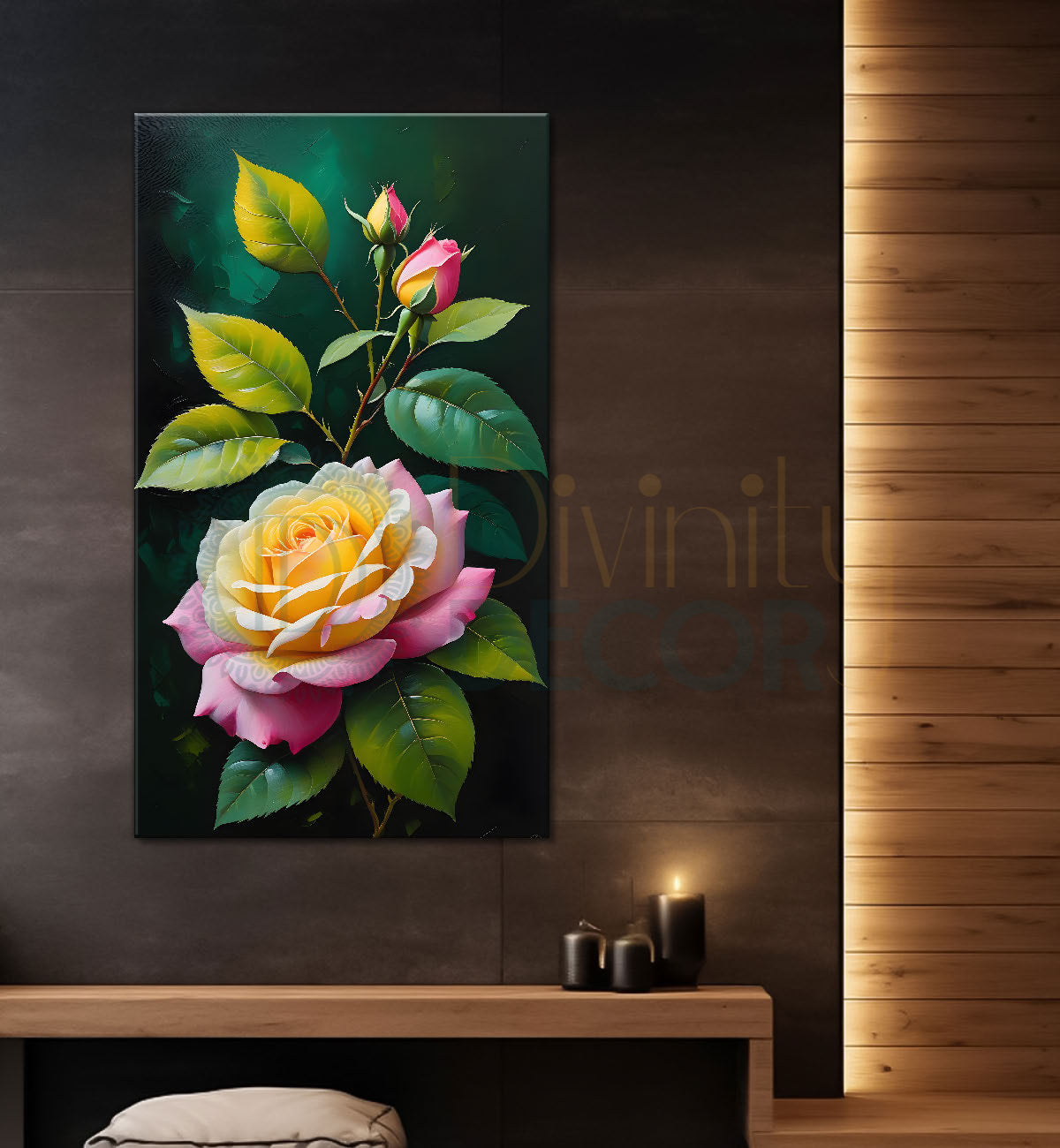 Pink flowers in green textured background painting- Flower-V-255