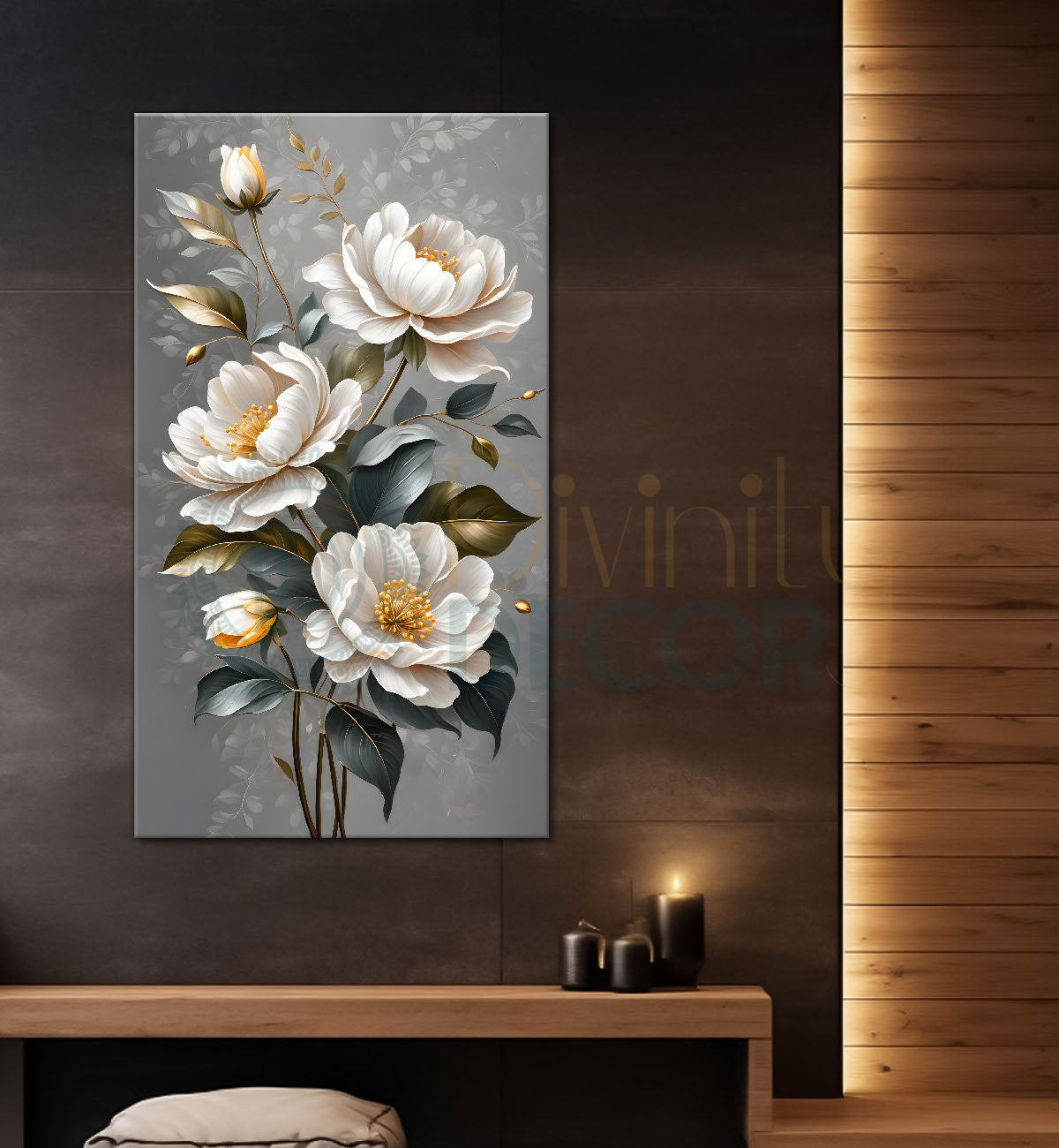 White flowers in grey textured background painting- Flower-V-256