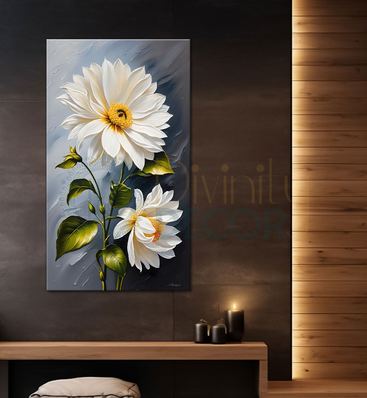 White flowers in grey textured background painting- Flower-V-257