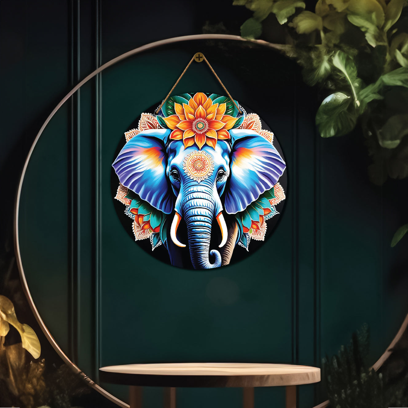 Elephant in green and orange mandala Round Wooden Wall Hanging for wall Décor - Design - 257