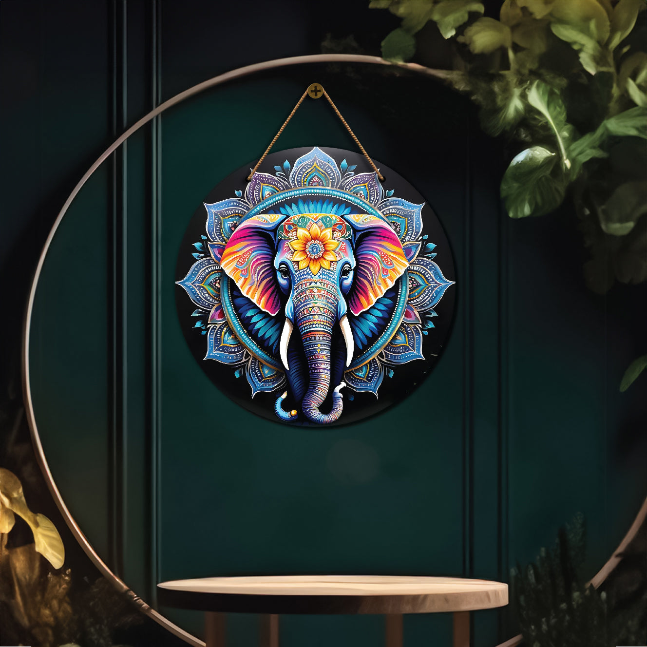 Elephant in blue and black mandala Round Wooden Wall Hanging for wall Décor - Design - 258