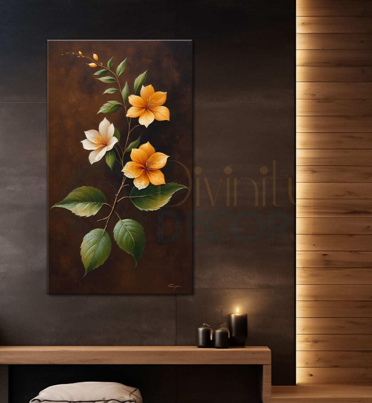 Orange flowers in brown textured background painting- Flower-V-259