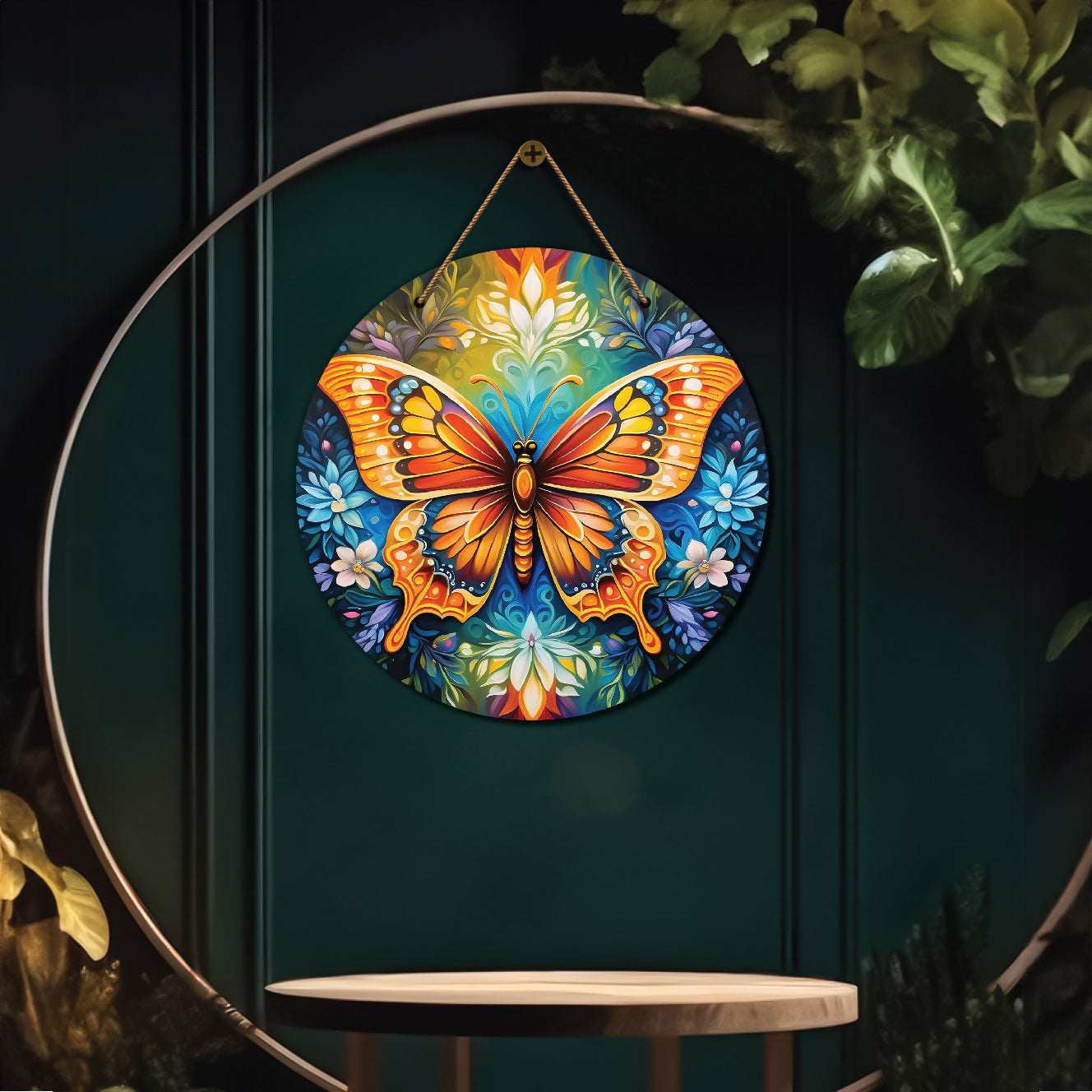 Butterfly in blue and green mandala Round Wooden Wall Hanging for wall Décor - Design - 259