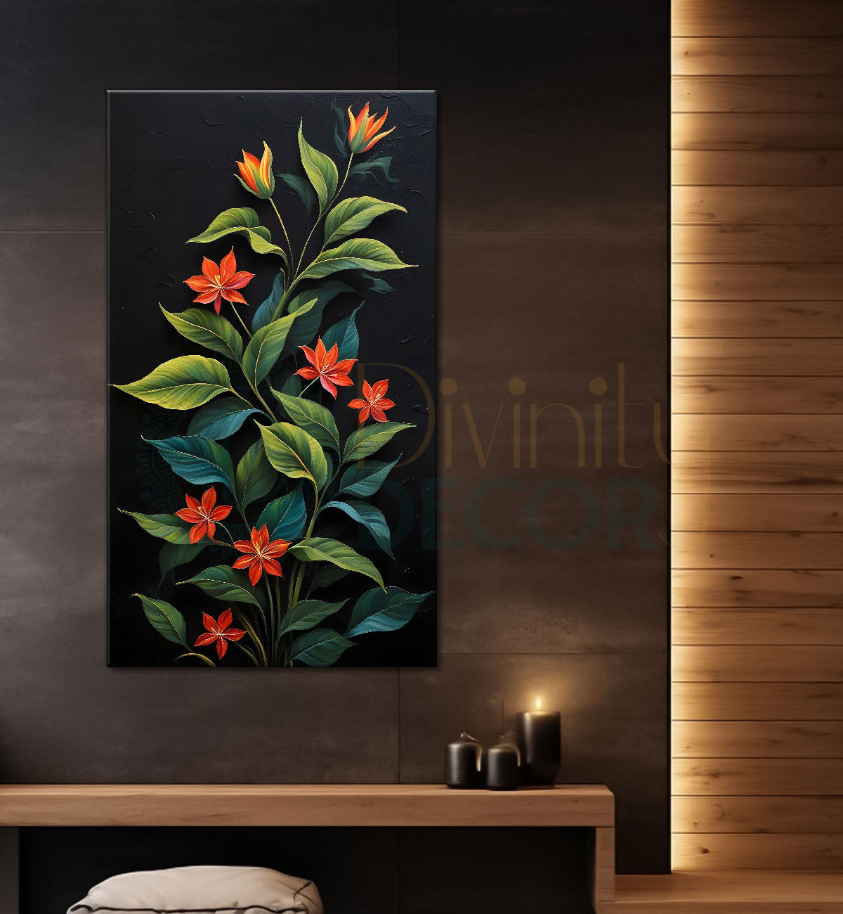 Red flowers in dark textured background painting- Flower-V-260