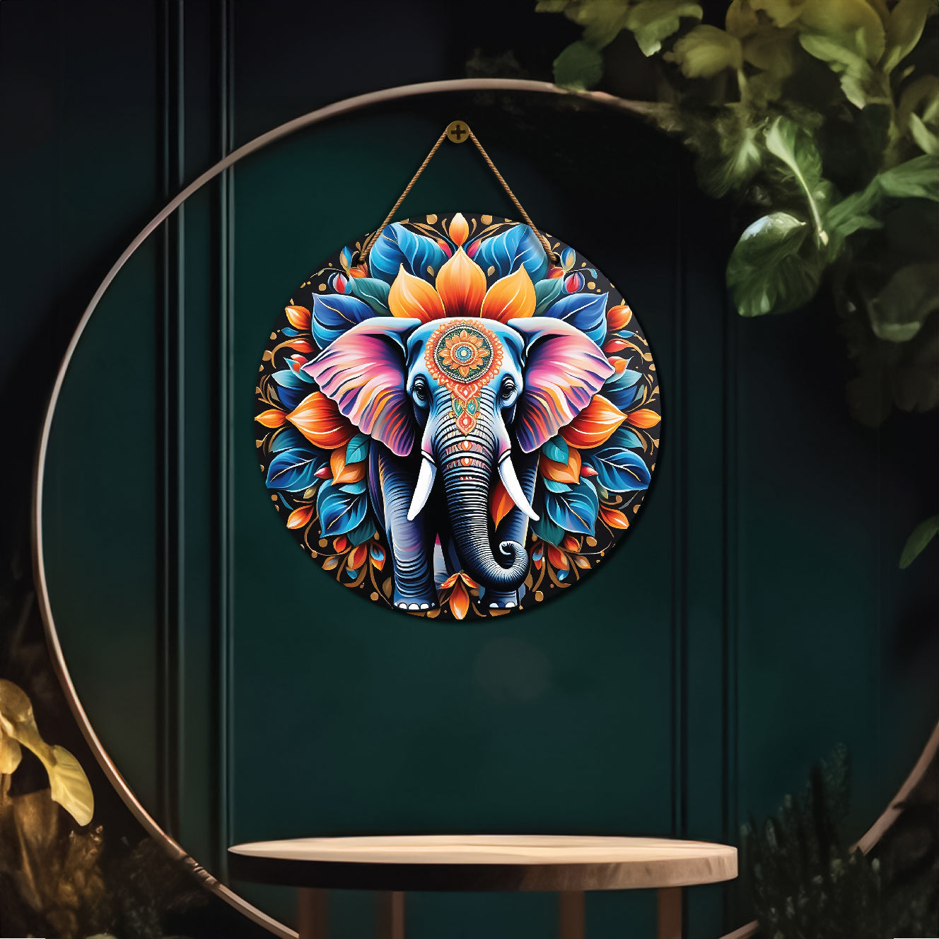 Elephant in green and orange mandala Round Wooden Wall Hanging for wall Décor - Design - 260