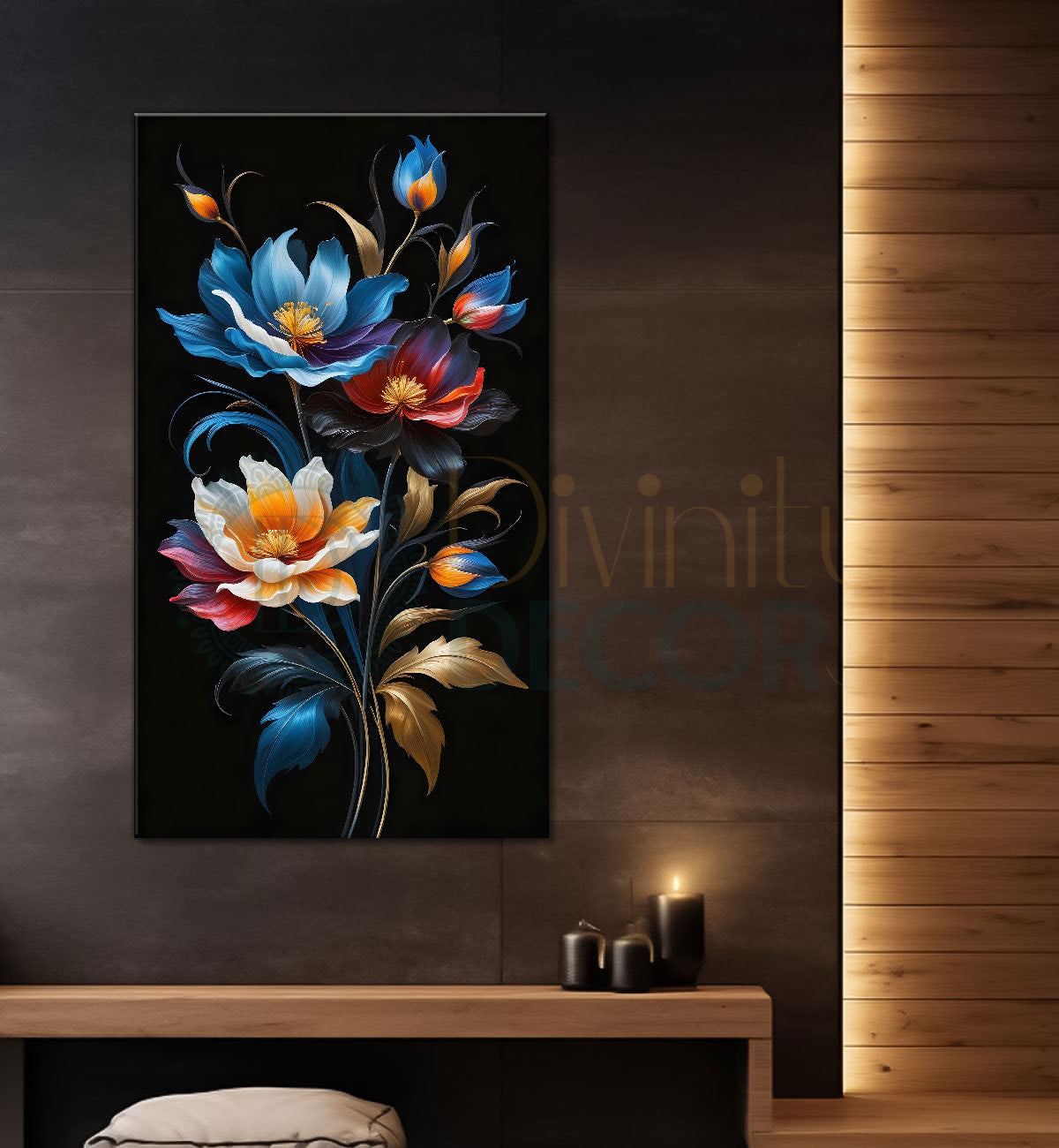 Colourful flowers in dark textured painting- Flower-V-261
