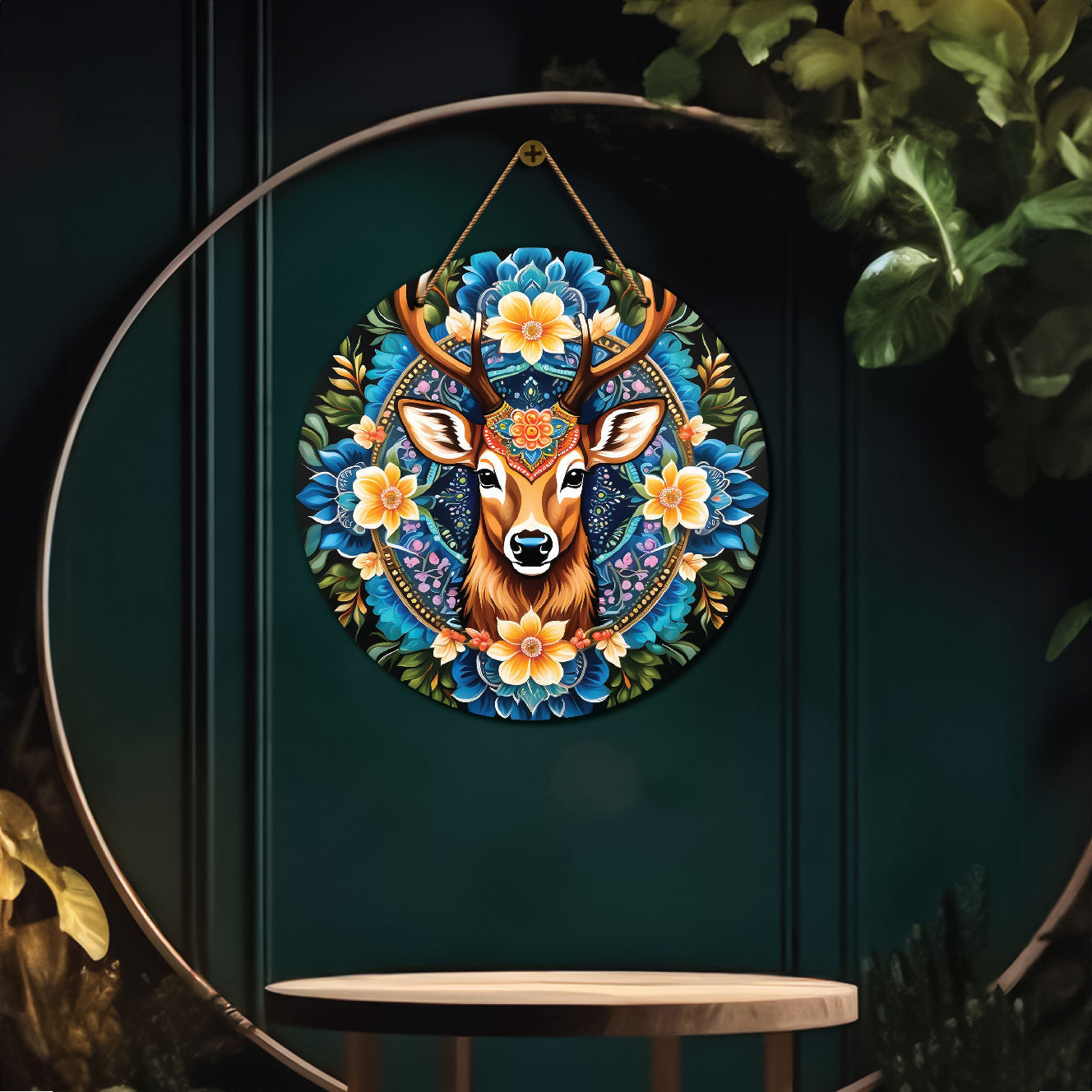 Deer in blue and floral mandala Round Wooden Wall Hanging for wall Décor - Design - 261