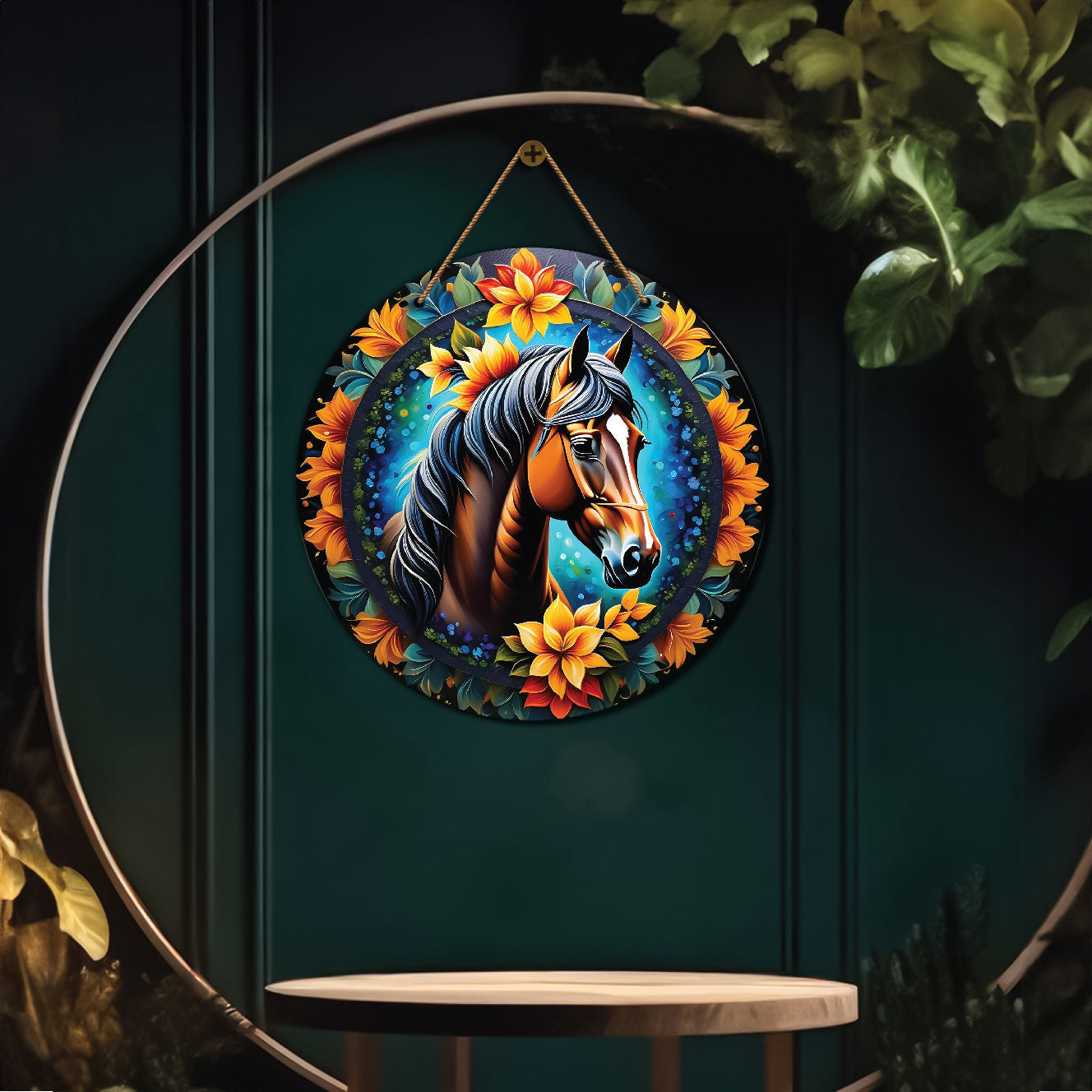 Horse in blue and orange mandala Round Wooden Wall Hanging for wall Décor - Design - 262