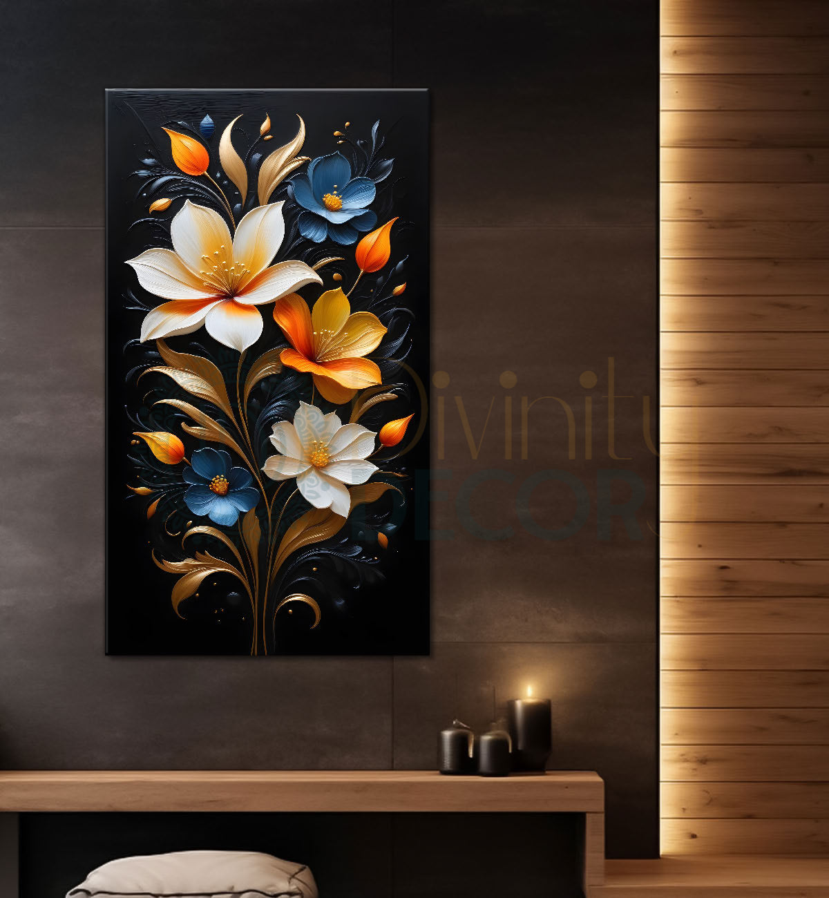 Colourful flowers in black textured background painting- Flower-V-263
