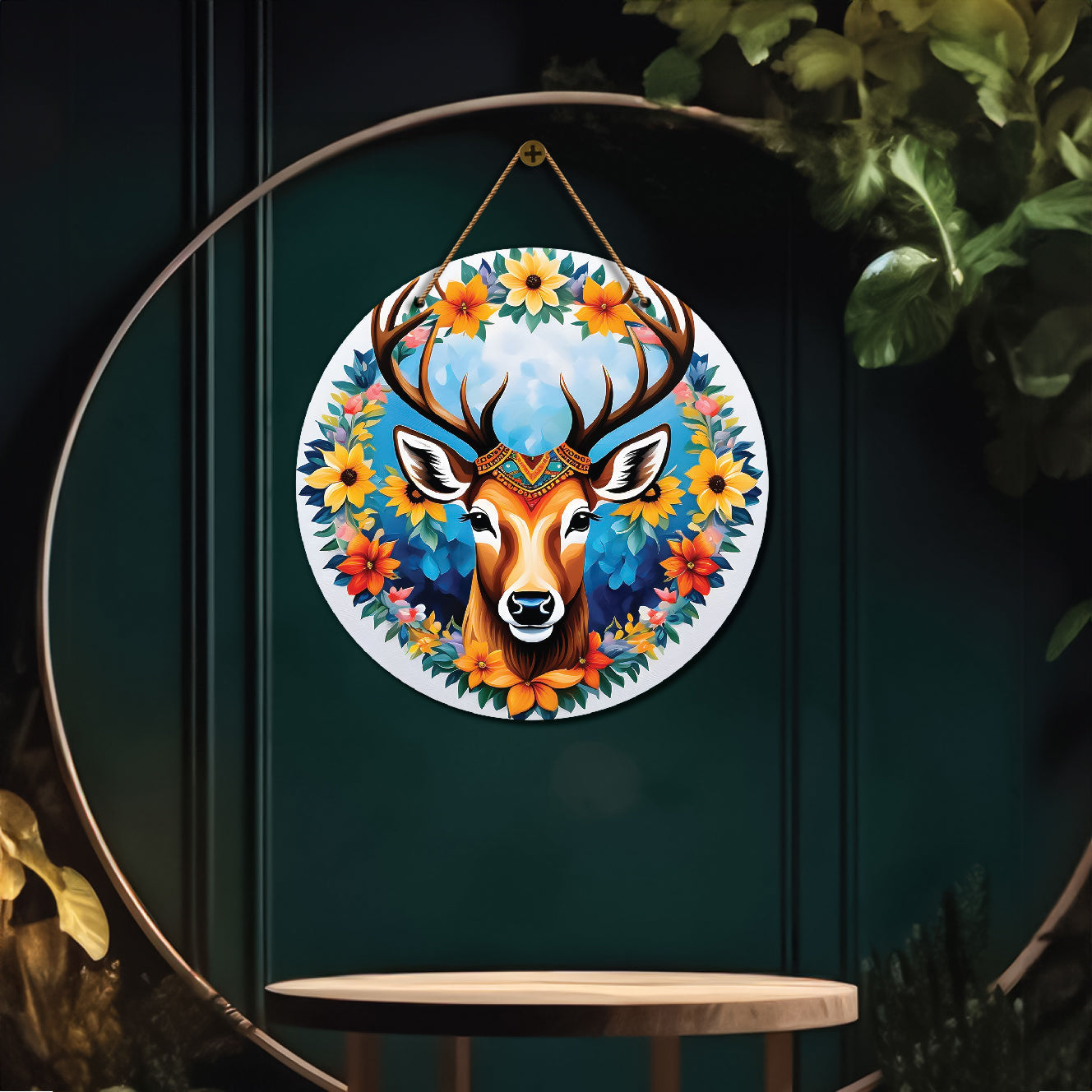 Deer in blue and floral mandala Round Wooden Wall Hanging for wall Décor - Design - 263