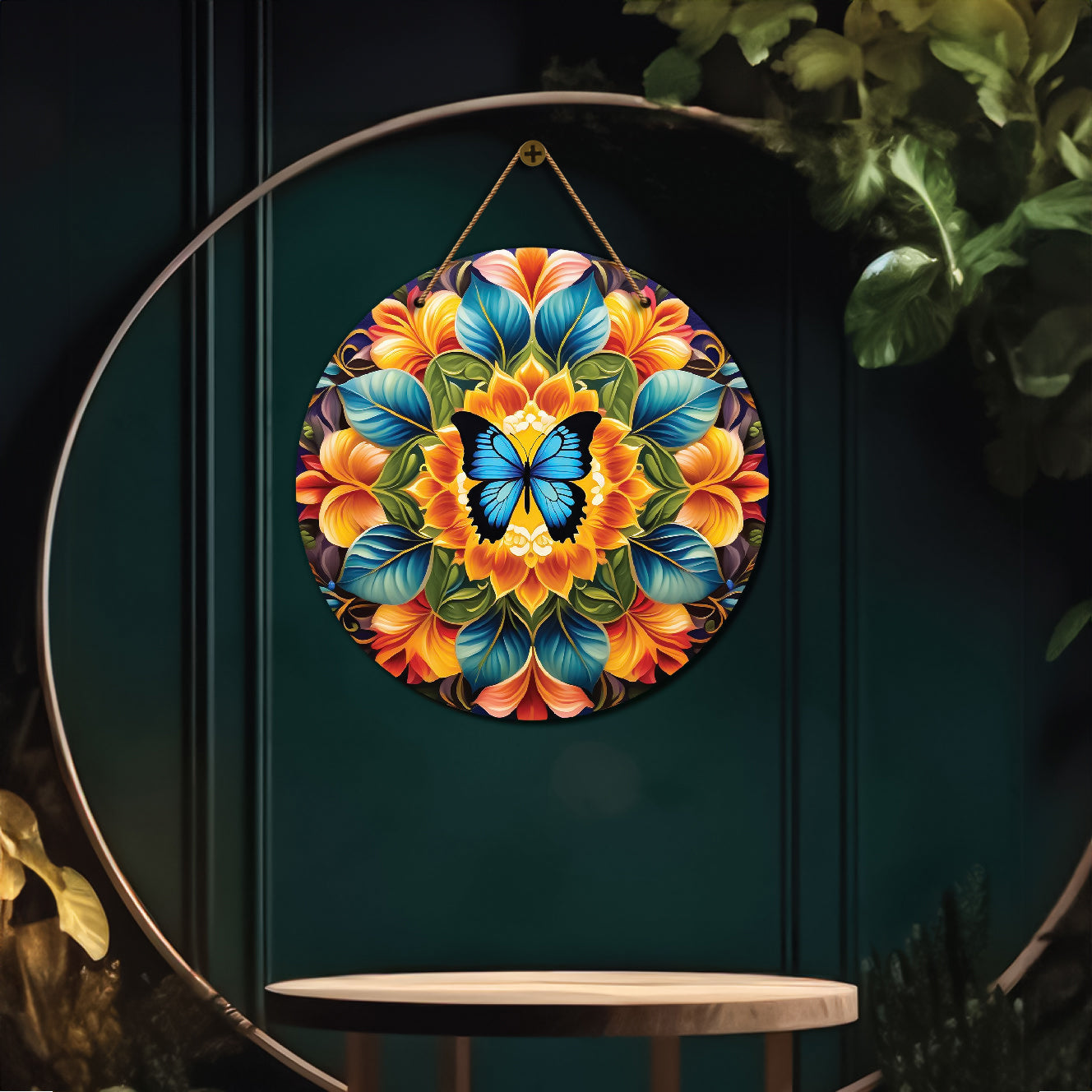 Butterfly in blue and orange mandala Round Wooden Wall Hanging for wall Décor - Design - 264