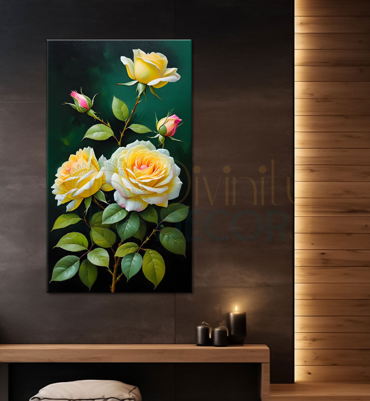 Yellow flowers in green textured background painting- Flower-V-264