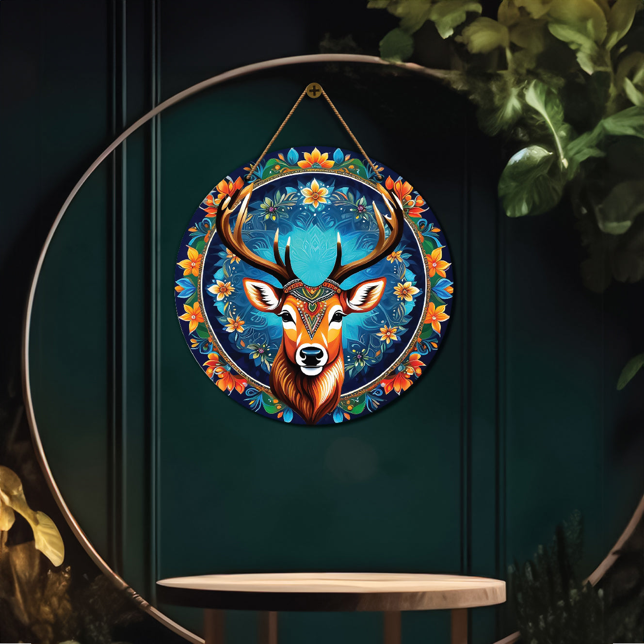 Deer in blue and floral mandala Round Wooden Wall Hanging for wall Décor - Design - 265