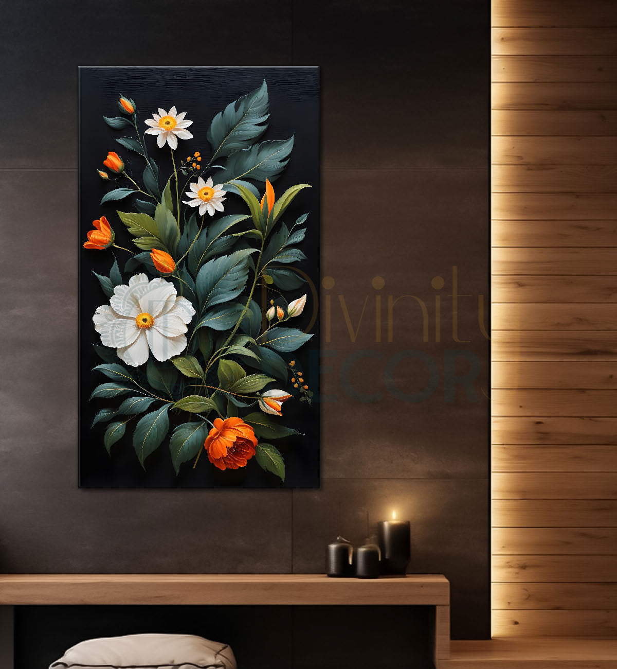 White flowers in green textured background painting Flower-V-265