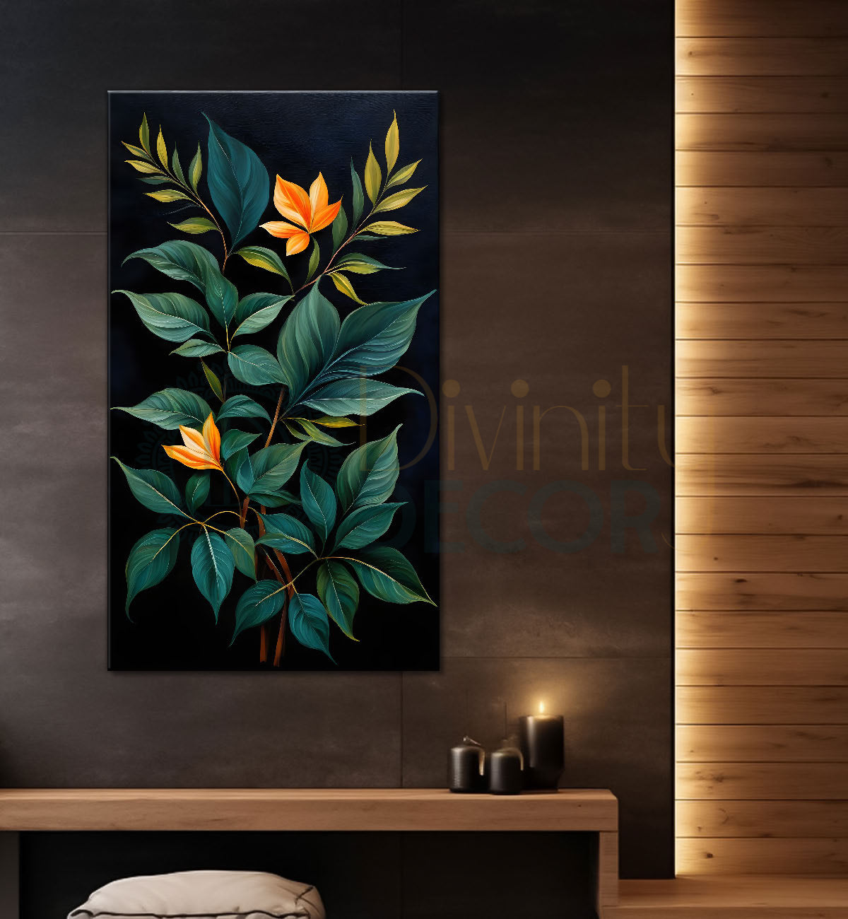 Orange flowers with leaves in dark textured background painting- Flower-V-266