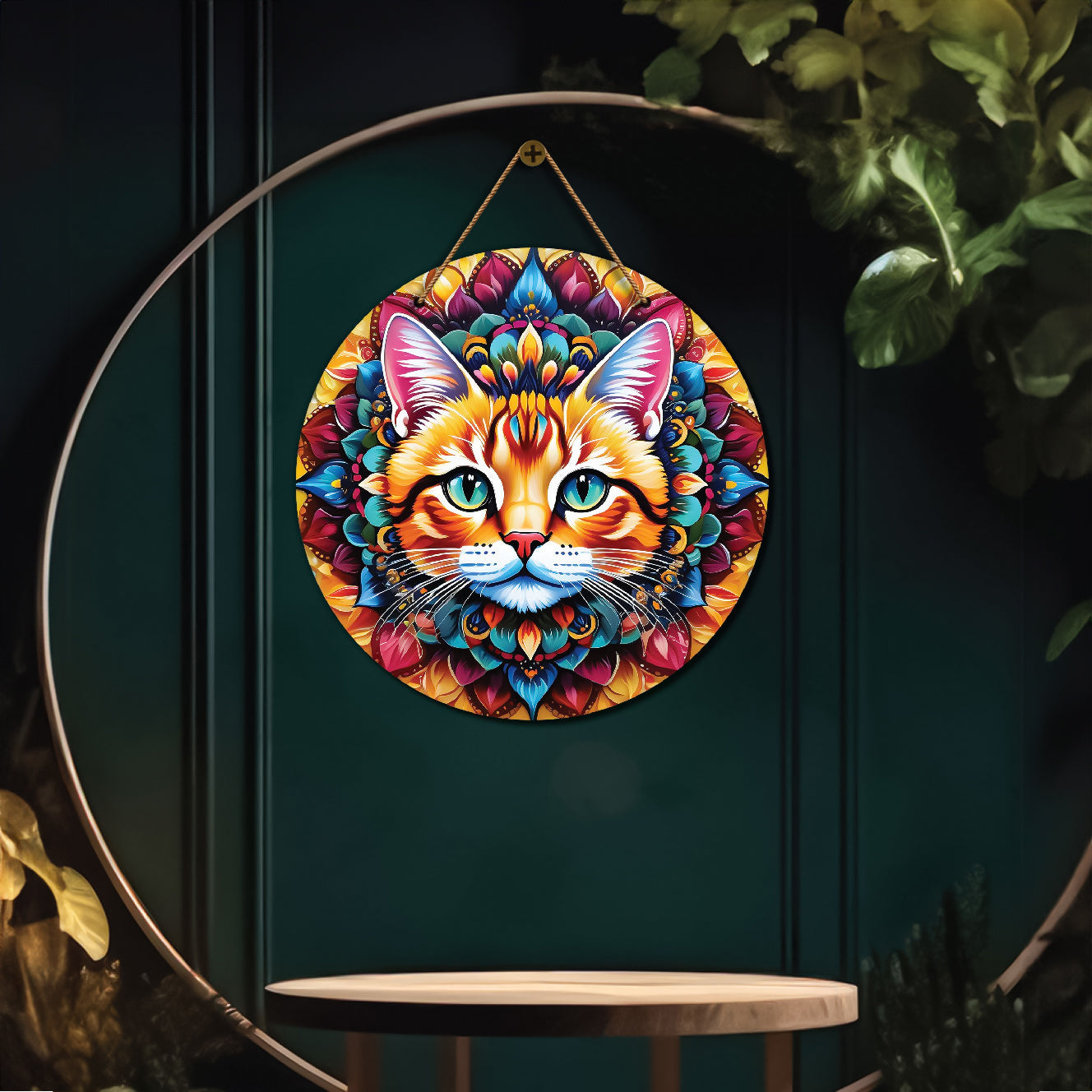 Cat in blue and yellow mandala Round Wooden Wall Hanging for wall Décor - Design - 266