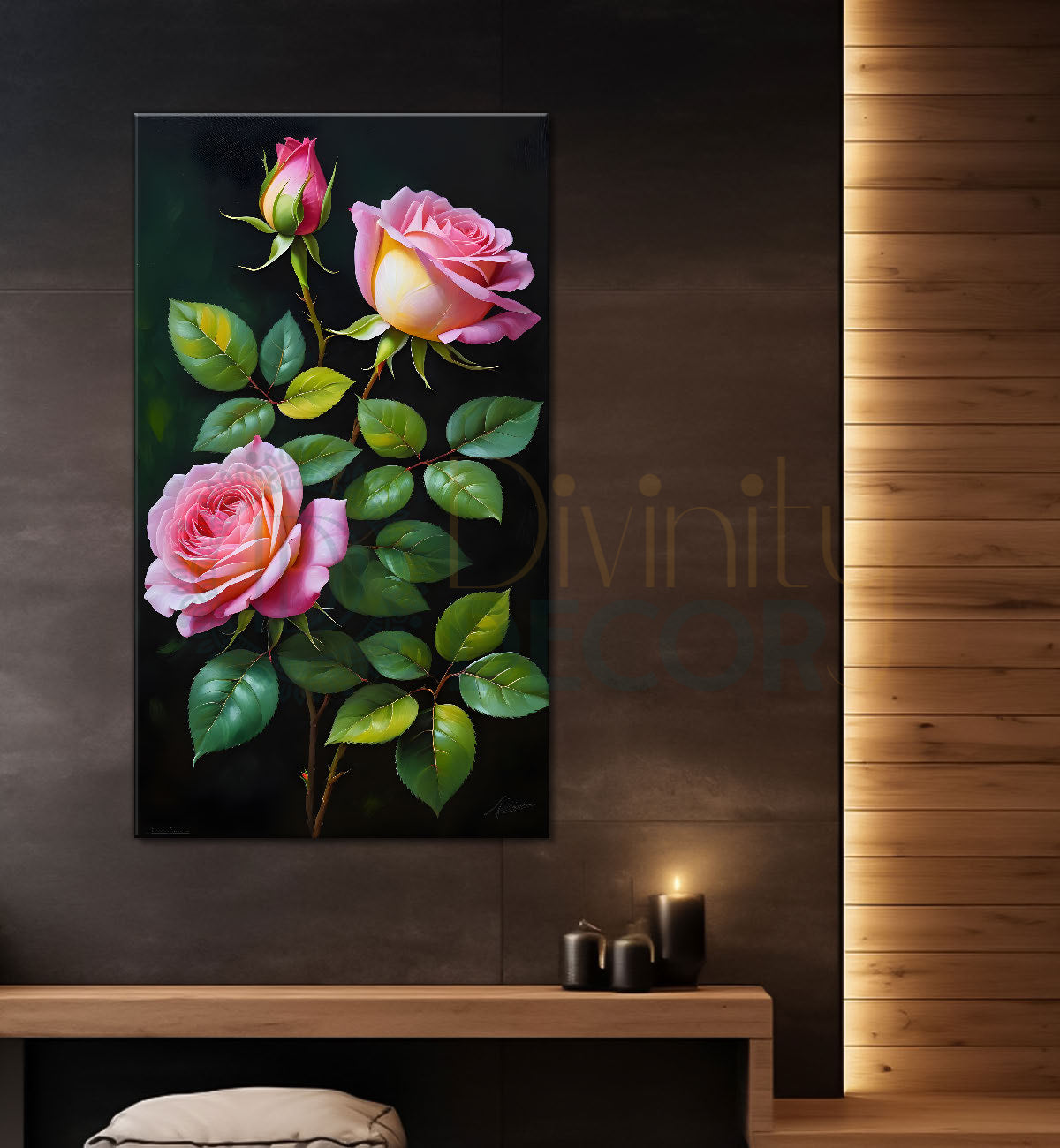 Pink flowers with leaves in dark textured background painting- Flower-V-267