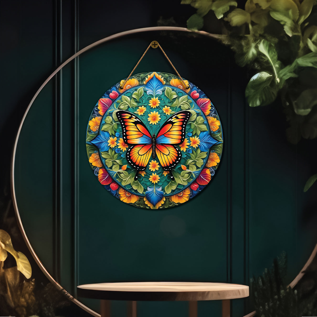 Butterfly in blue and green mandala Round Wooden Wall Hanging for wall Décor - Design - 267