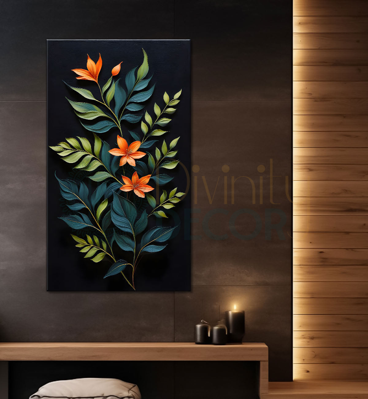 Orange flowers with leaves in dark textured background painting- Flower-V-268